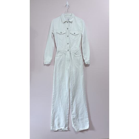 ZARA WOMEN TRF WIDE-LEG DENIM JUMPSUIT OYSTER WHITE BLOGGERS FAVORITE - Picture 2 of 9